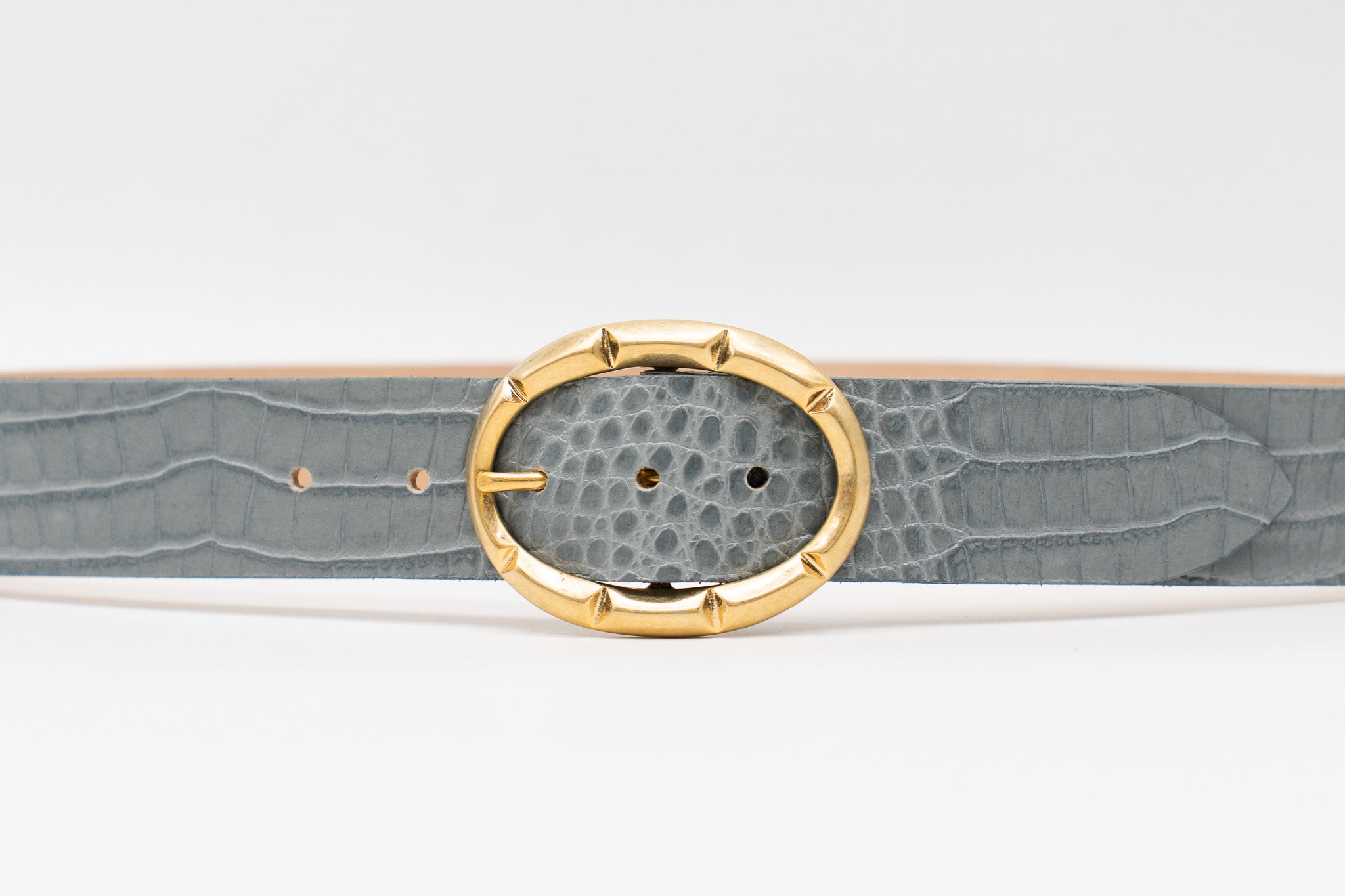 Streets Ahead Orla Belt — grey croc-embossed leather with 24k gold buckle