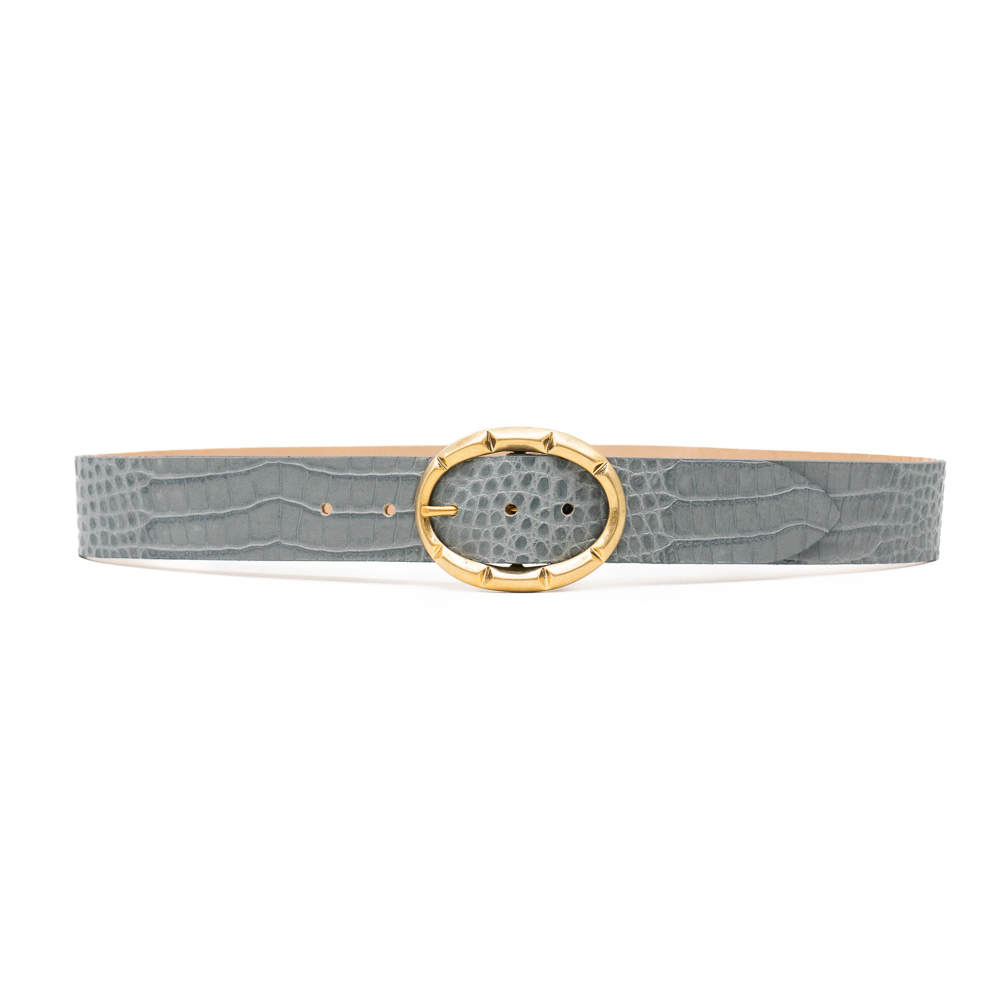 Orla Belt in storm-grey croc-embossed Italian calfskin with 24k gold buckle, Streets Ahead