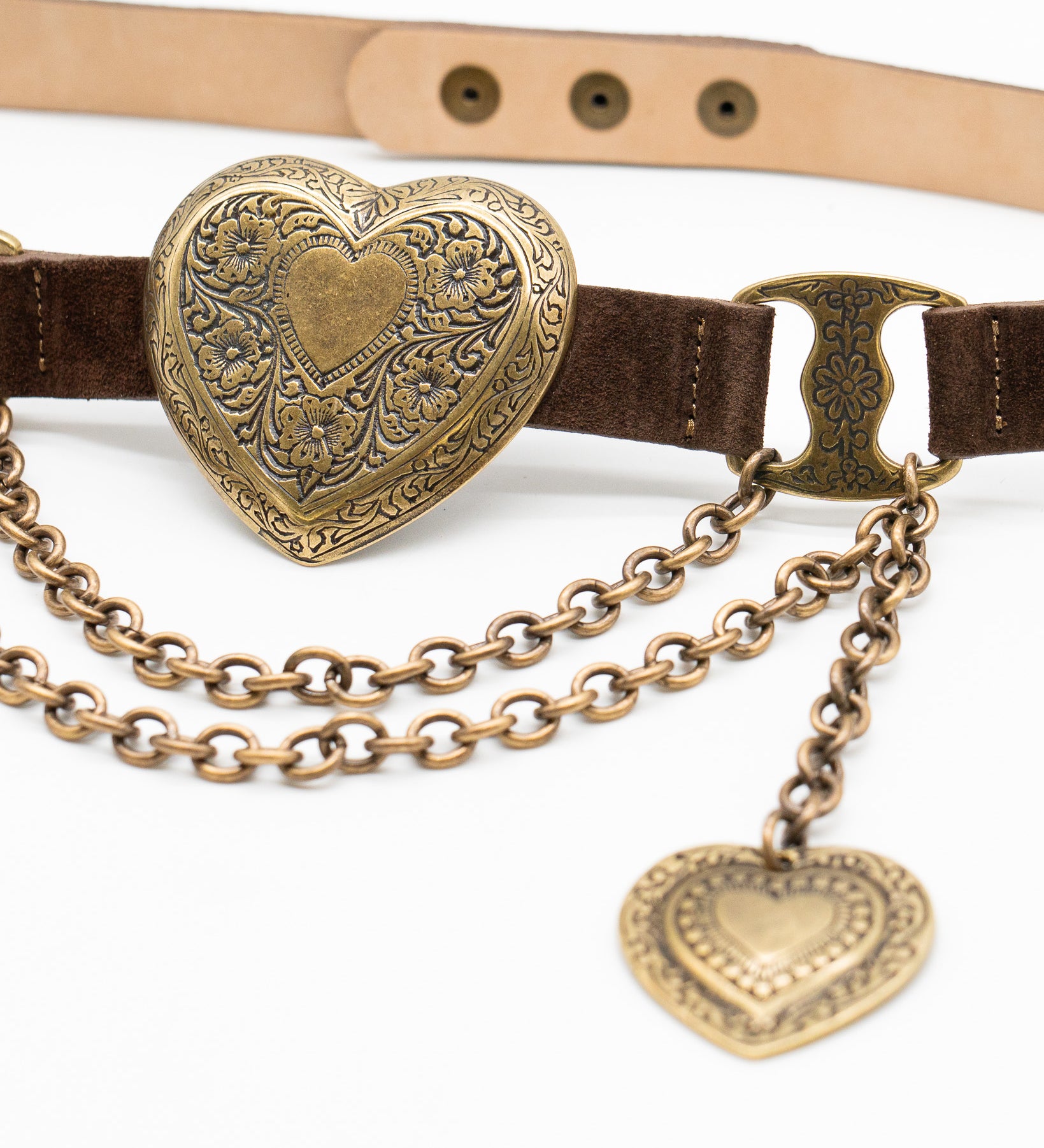 Streets Ahead Mia Heart Belt — brown suede with engraved brass heart buckle