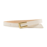 Ivory croc embossed Italian leather drop-waist belt with brass-plated buckle, handcrafted in Los Angeles