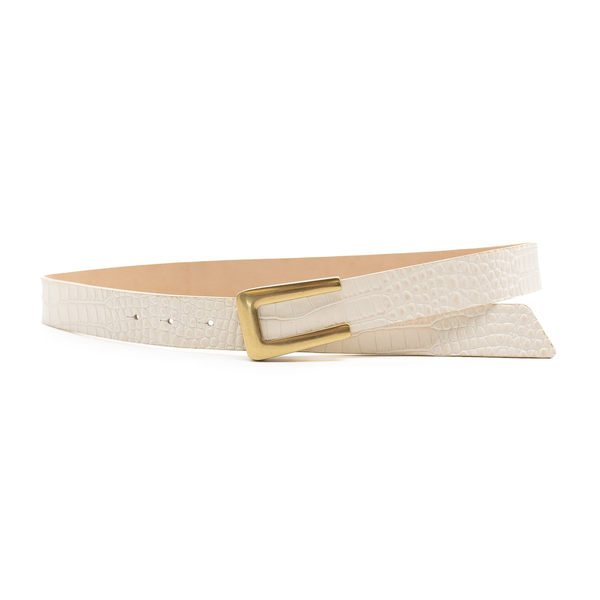 Ivory croc embossed Italian leather drop-waist belt with brass-plated buckle, handcrafted in Los Angeles