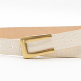 Ivory croc embossed Italian leather drop-waist belt with brass-plated buckle, handcrafted in Los Angeles