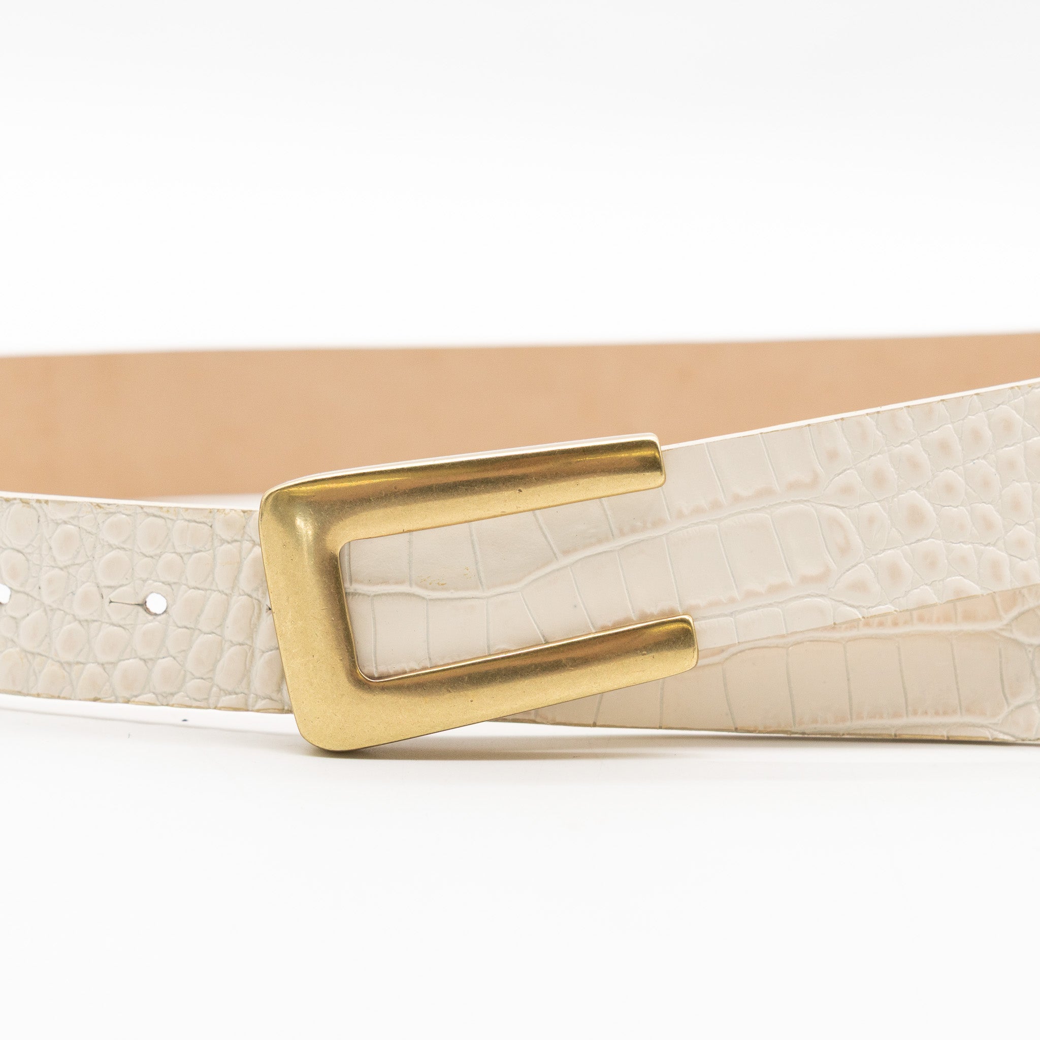 Ivory croc embossed Italian leather drop-waist belt with brass-plated buckle, handcrafted in Los Angeles