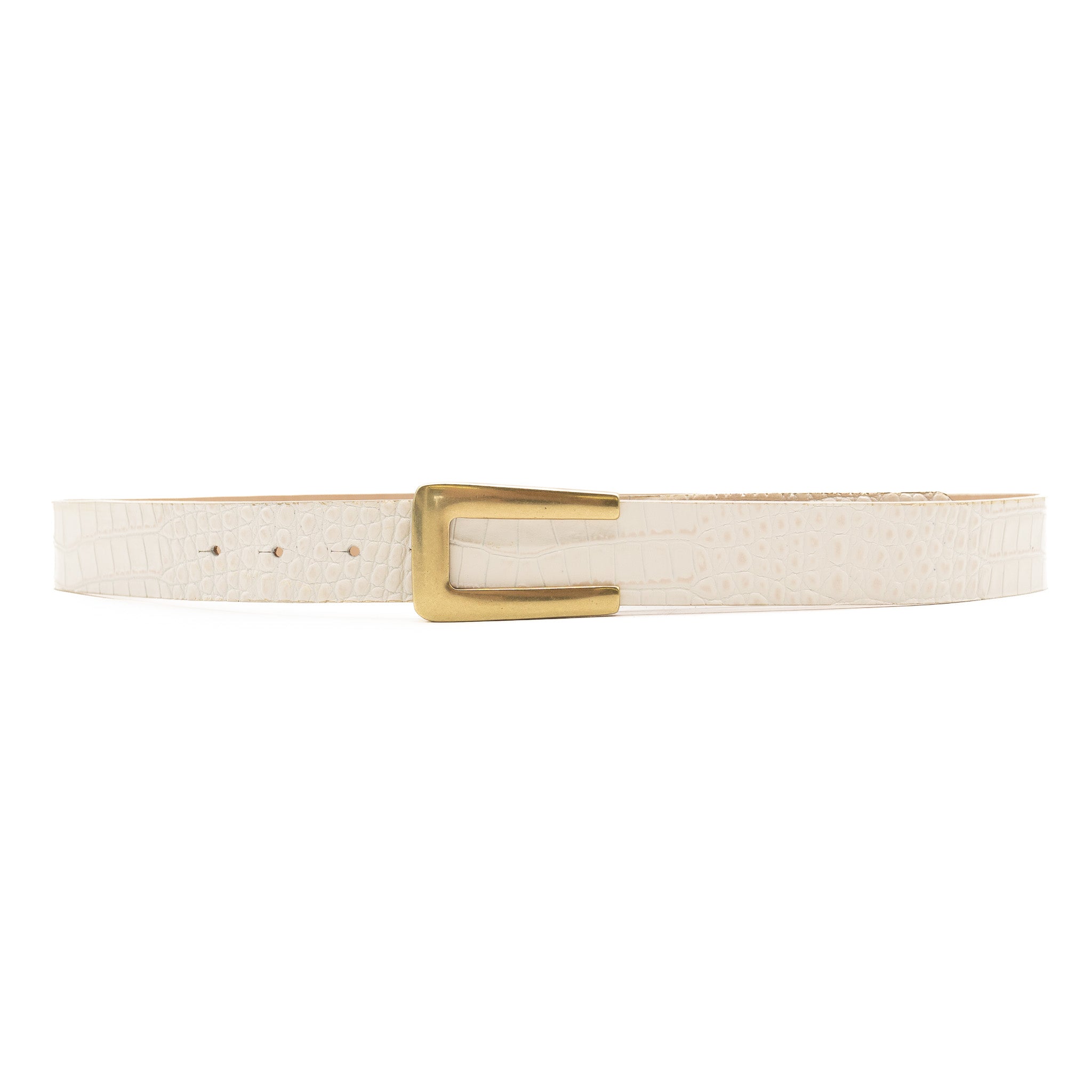Ivory croc embossed Italian leather drop-waist belt with brass-plated buckle, handcrafted in Los Angeles
