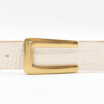 Ivory croc embossed Italian leather drop-waist belt with brass-plated buckle, handcrafted in Los Angeles