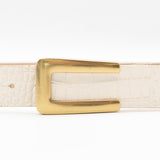 Ivory croc embossed Italian leather drop-waist belt with brass-plated buckle, handcrafted in Los Angeles