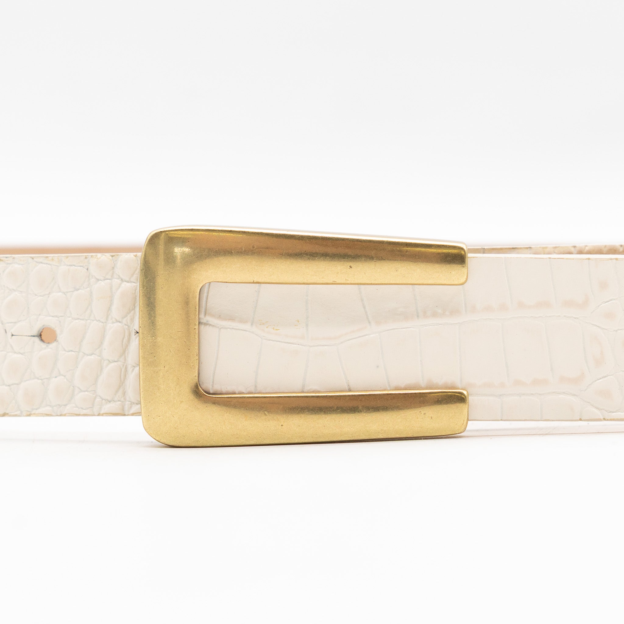 Ivory croc embossed Italian leather drop-waist belt with brass-plated buckle, handcrafted in Los Angeles