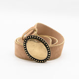Italian suede leather belt with antiqued oval buckle and gold trim, handcrafted in Los Angeles