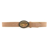 Italian suede leather belt with antiqued oval buckle and gold trim, handcrafted in Los Angeles