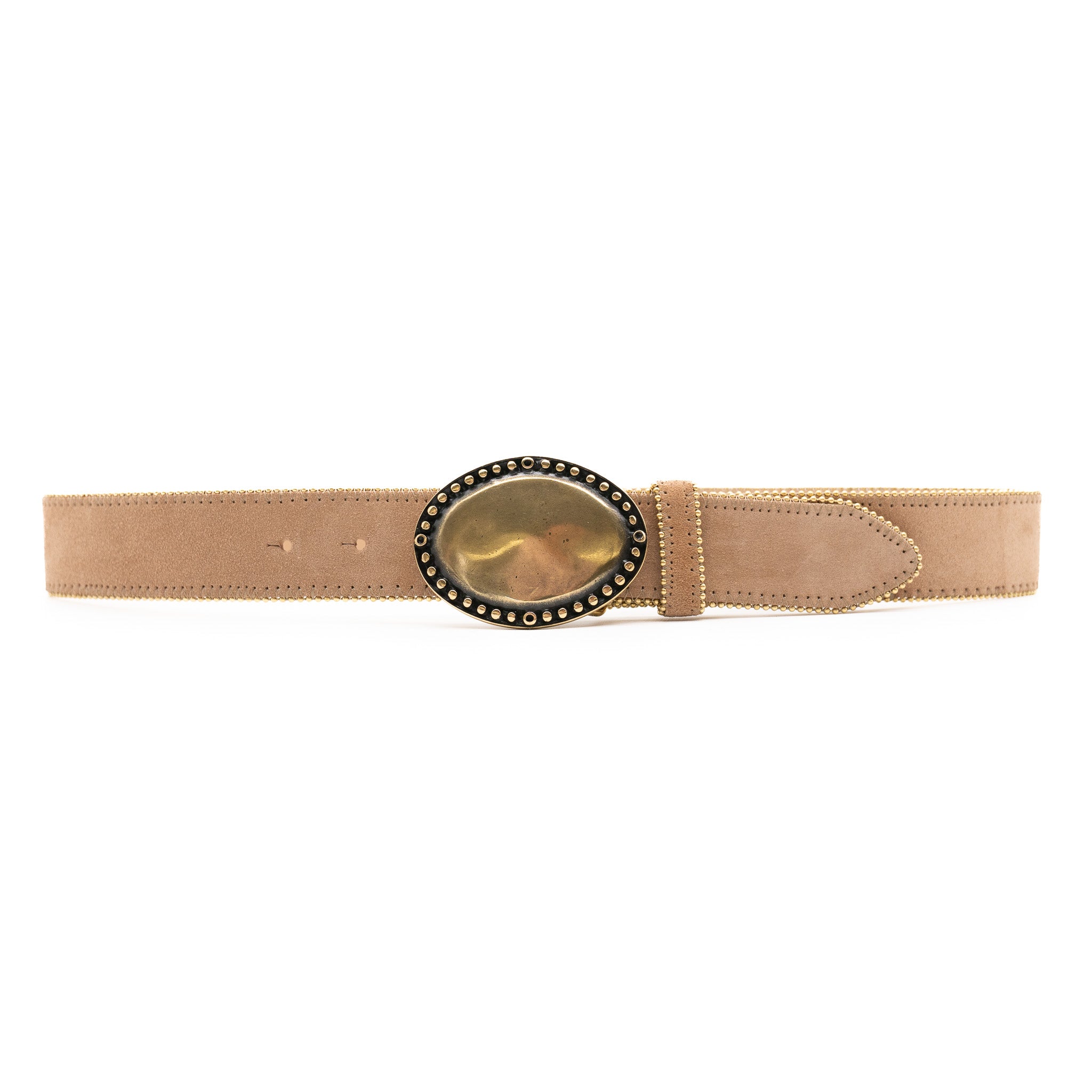 Italian suede leather belt with antiqued oval buckle and gold trim, handcrafted in Los Angeles