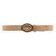 Italian suede leather belt with antiqued oval buckle and gold trim, handcrafted in Los Angeles