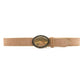 Italian suede leather belt with antiqued oval buckle and gold trim, handcrafted in Los Angeles