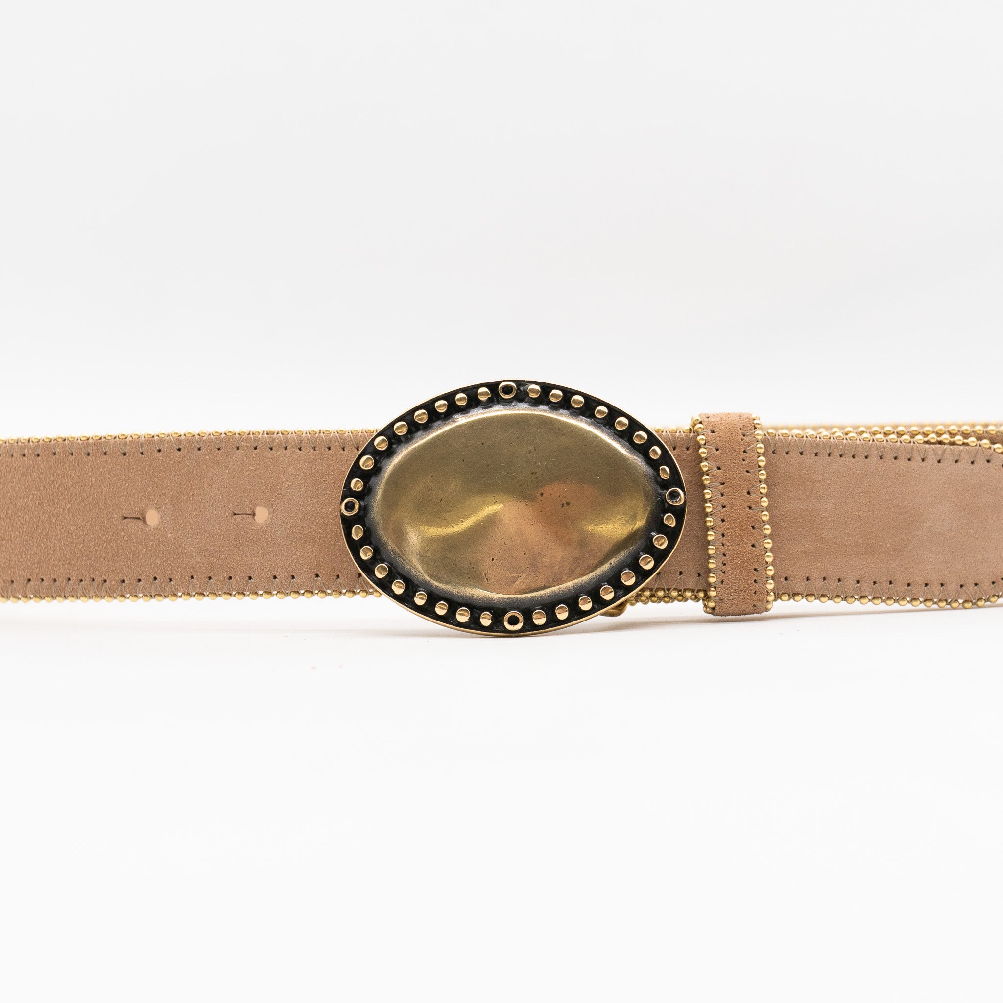 Italian suede leather belt with antiqued oval buckle and gold trim, handcrafted in Los Angeles