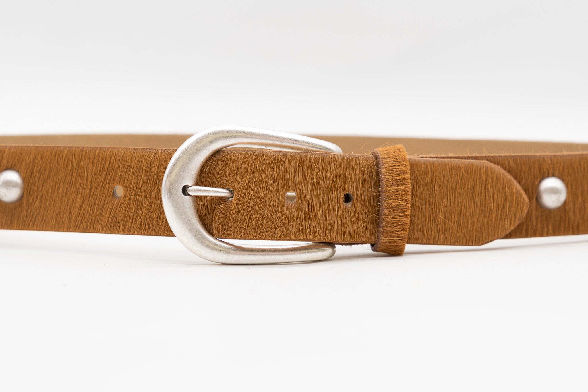 Streets Ahead Hayes Belt — studded calf hair leather with silver-plated buckle, Los Angeles