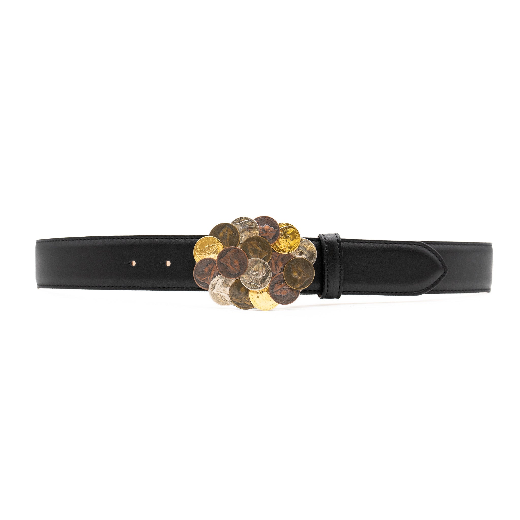 Medici Belt in black Italian leather with mixed-metal coin buckle, Streets Ahead