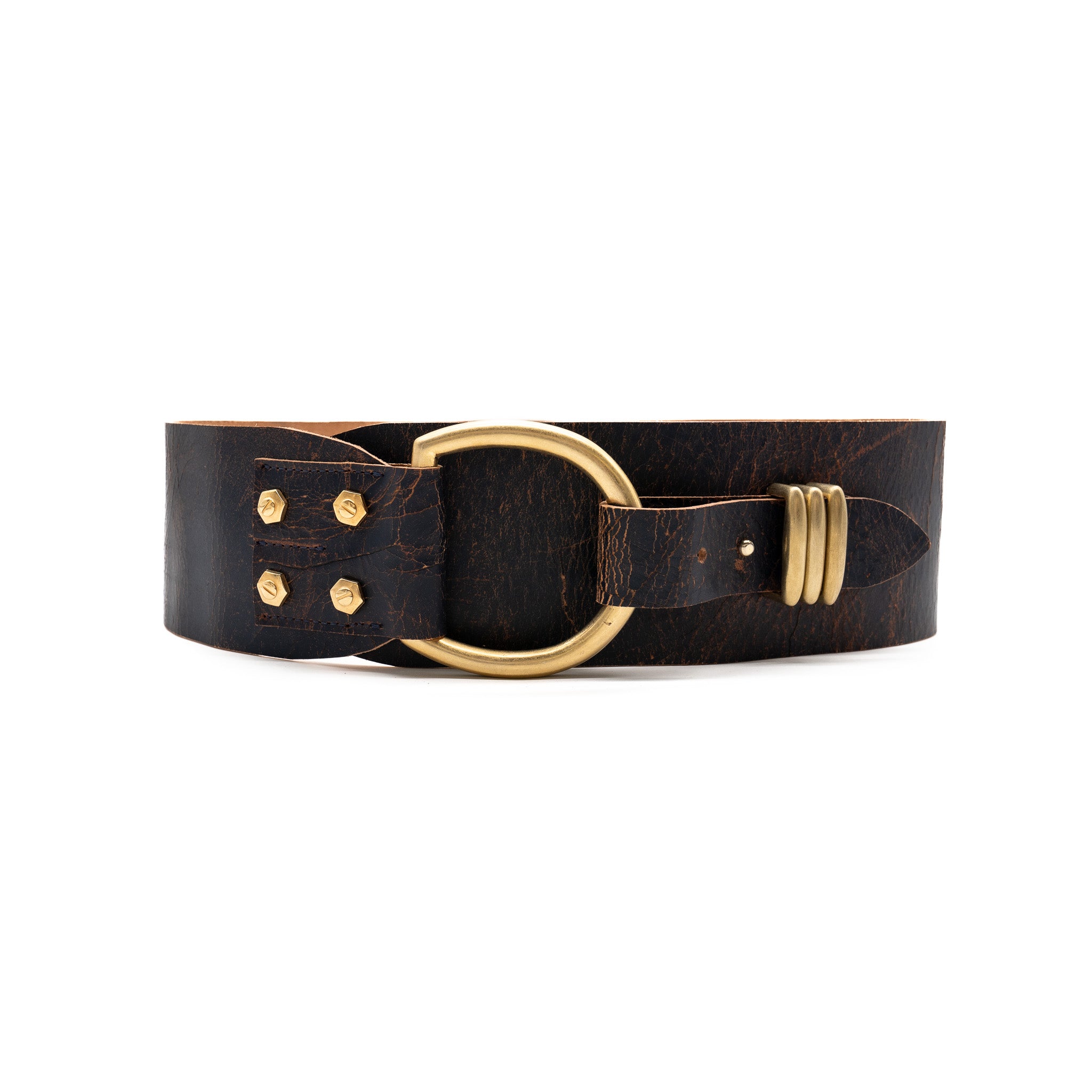 Distressed brown Italian leather belt with oversized 24k gold ring buckle and hardware
