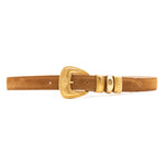 Brown Italian suede belt with engraved 24k gold buckle and decorative gold keeper rings