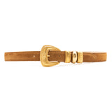 Brown Italian suede belt with engraved 24k gold buckle and decorative gold keeper rings