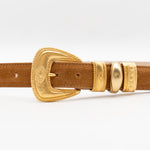 Brown Italian suede belt with engraved 24k gold buckle and decorative gold keeper rings
