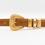 Brown Italian suede belt with engraved 24k gold buckle and decorative gold keeper rings