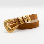 Brown Italian suede belt with engraved 24k gold buckle and decorative gold keeper rings