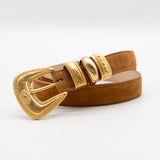 Brown Italian suede belt with engraved 24k gold buckle and decorative gold keeper rings