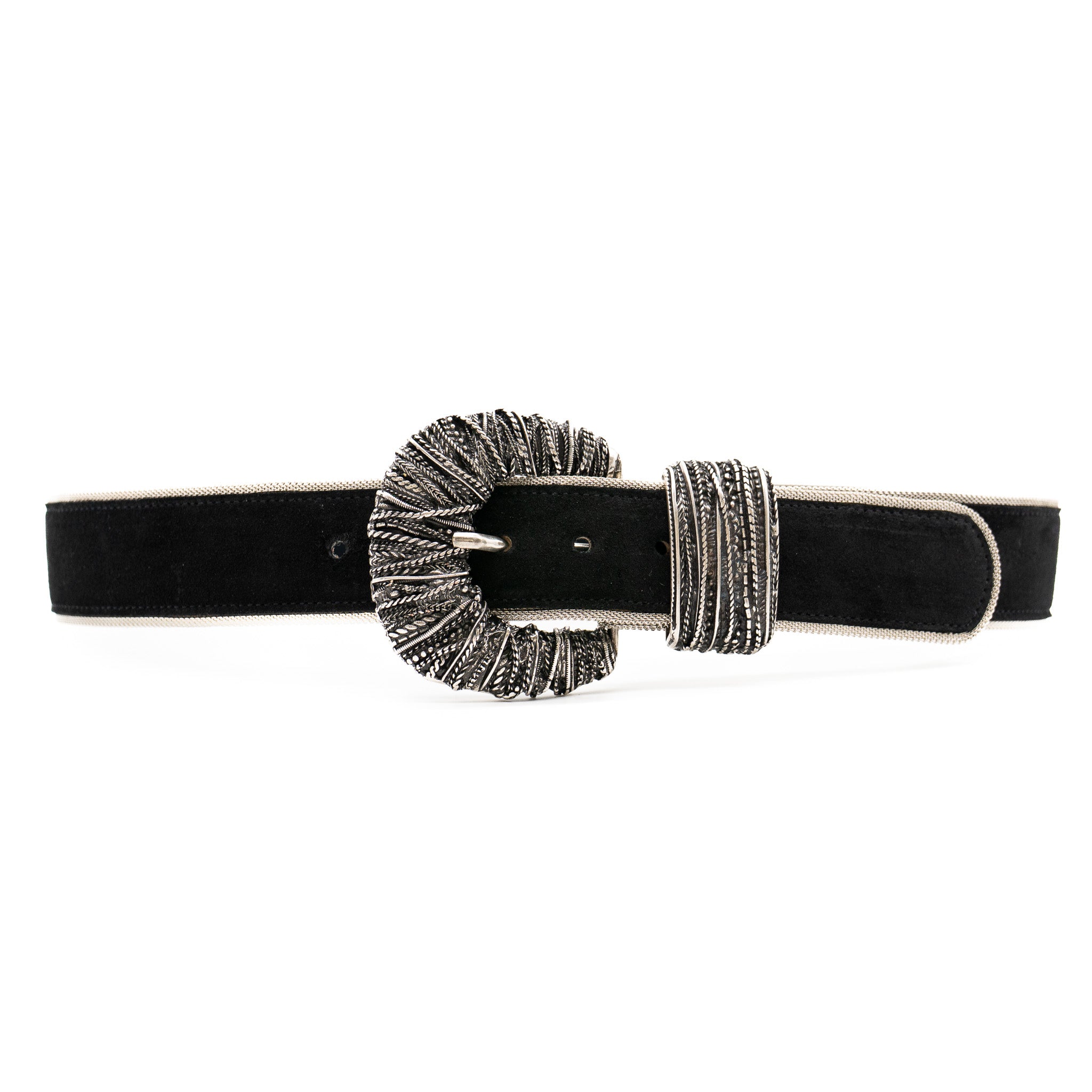 Noir Halo Belt in black Italian suede with textured antique silver buckle, Streets Ahead