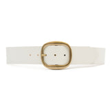 White Italian leather belt with brass-plated buckle, handcrafted in Los Angeles using custom hardware