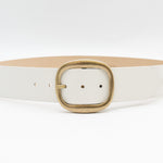 White Italian leather belt with brass-plated buckle, handcrafted in Los Angeles using custom hardware