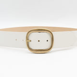 White Italian leather belt with brass-plated buckle, handcrafted in Los Angeles using custom hardware
