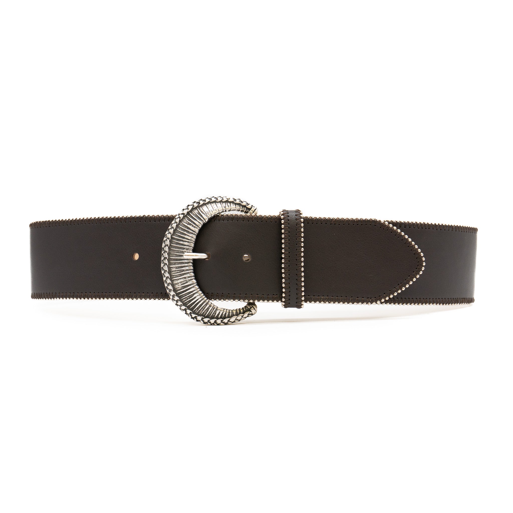 Valencia Belt in dark chocolate Italian leather with sculptural silver crescent buckle, Streets Ahead