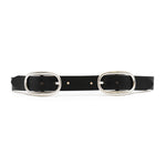 Black Italian leather belt with dual silver-plated buckles, handcrafted in Los Angeles using custom hardware