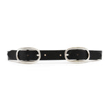 Black Italian leather belt with dual silver-plated buckles, handcrafted in Los Angeles using custom hardware