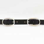 Black Italian leather belt with dual silver-plated buckles, handcrafted in Los Angeles using custom hardware