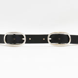 Black Italian leather belt with dual silver-plated buckles, handcrafted in Los Angeles using custom hardware