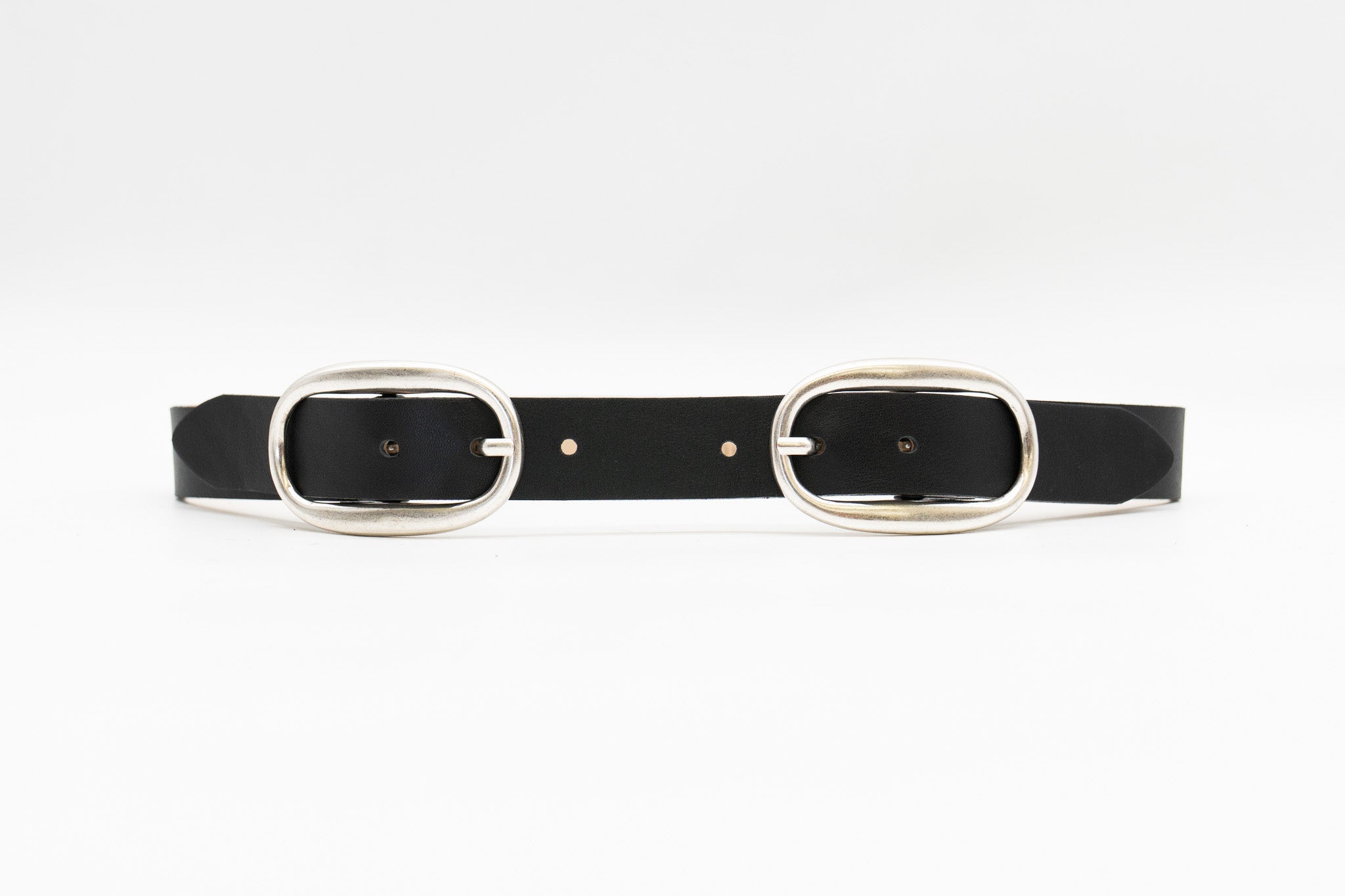 Alessia Belt, dual silver-plated oval buckles on smooth black Italian leather