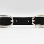 Black Italian leather belt with dual silver-plated buckles, handcrafted in Los Angeles using custom hardware