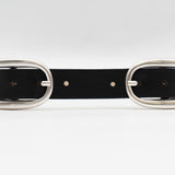 Black Italian leather belt with dual silver-plated buckles, handcrafted in Los Angeles using custom hardware