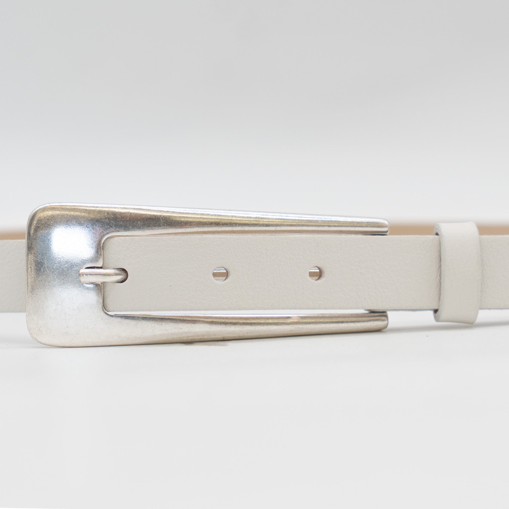 Streets Ahead Camille Belt — slim off-white leather with silver-plated buckle, handcrafted in Los Angeles