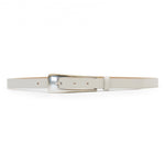 White Italian leather belt with silver buckle, handcrafted in Los Angeles using custom hardware