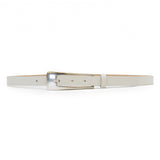 White Italian leather belt with silver buckle, handcrafted in Los Angeles using custom hardware