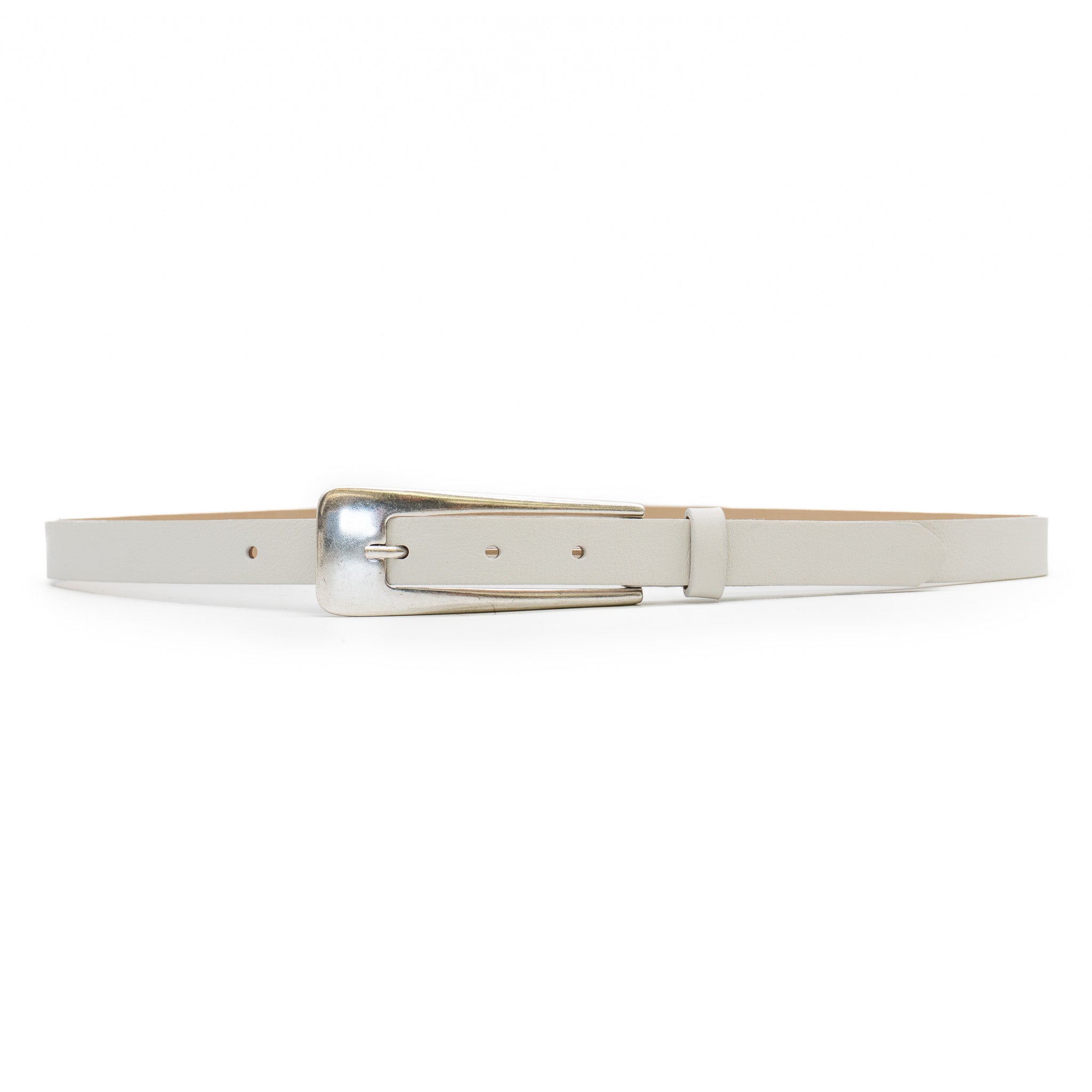 White Italian leather belt with silver buckle, handcrafted in Los Angeles using custom hardware