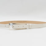 White Italian leather belt with silver buckle, handcrafted in Los Angeles using custom hardware