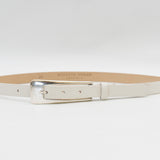 White Italian leather belt with silver buckle, handcrafted in Los Angeles using custom hardware