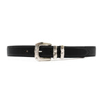 Black Italian leather belt with sculptural silver-plated buckle and keeper set, handcrafted in Los Angeles using custom hardware
