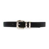 Black Italian leather belt with sculptural silver-plated buckle and keeper set, handcrafted in Los Angeles using custom hardware