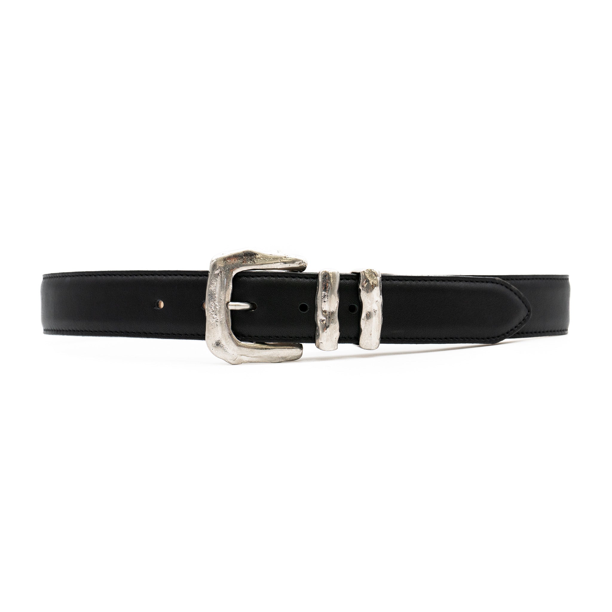 Black Italian leather belt with sculptural silver-plated buckle and keeper set, handcrafted in Los Angeles using custom hardware