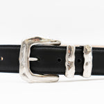 Black Italian leather belt with sculptural silver-plated buckle and keeper set, handcrafted in Los Angeles using custom hardware