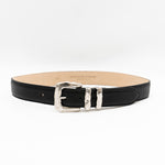 Black Italian leather belt with sculptural silver-plated buckle and keeper set, handcrafted in Los Angeles using custom hardware