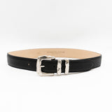 Black Italian leather belt with sculptural silver-plated buckle and keeper set, handcrafted in Los Angeles using custom hardware